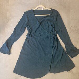 Xhilaration Teal Ribbed Faux Wrap Long Sleeve Dress, Size L
